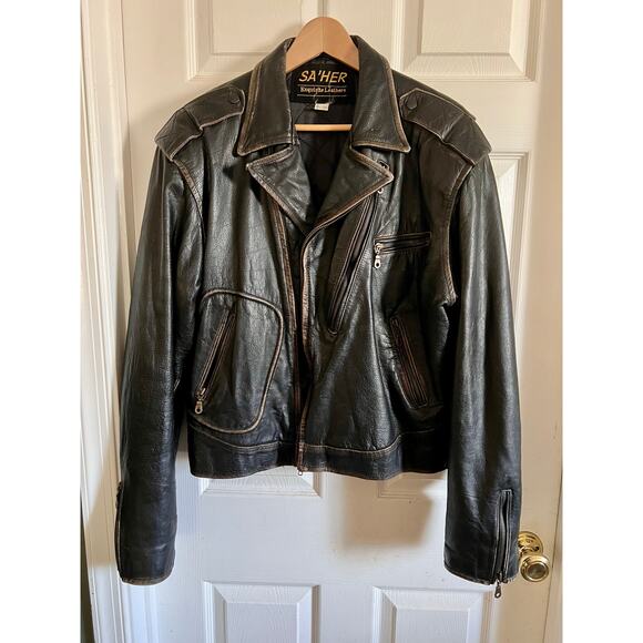 Vintage SA’HER Leathers Motorcycle Jacket Embossed “AMERICA” Eagle 80s L - Picture 1 of 16